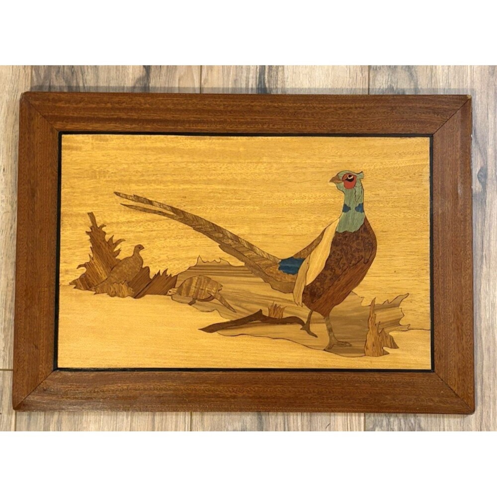 Large 20 X 14” Vintage Wood Marquetry Inlay Ring Neck Pheasant Plaque Wall Art